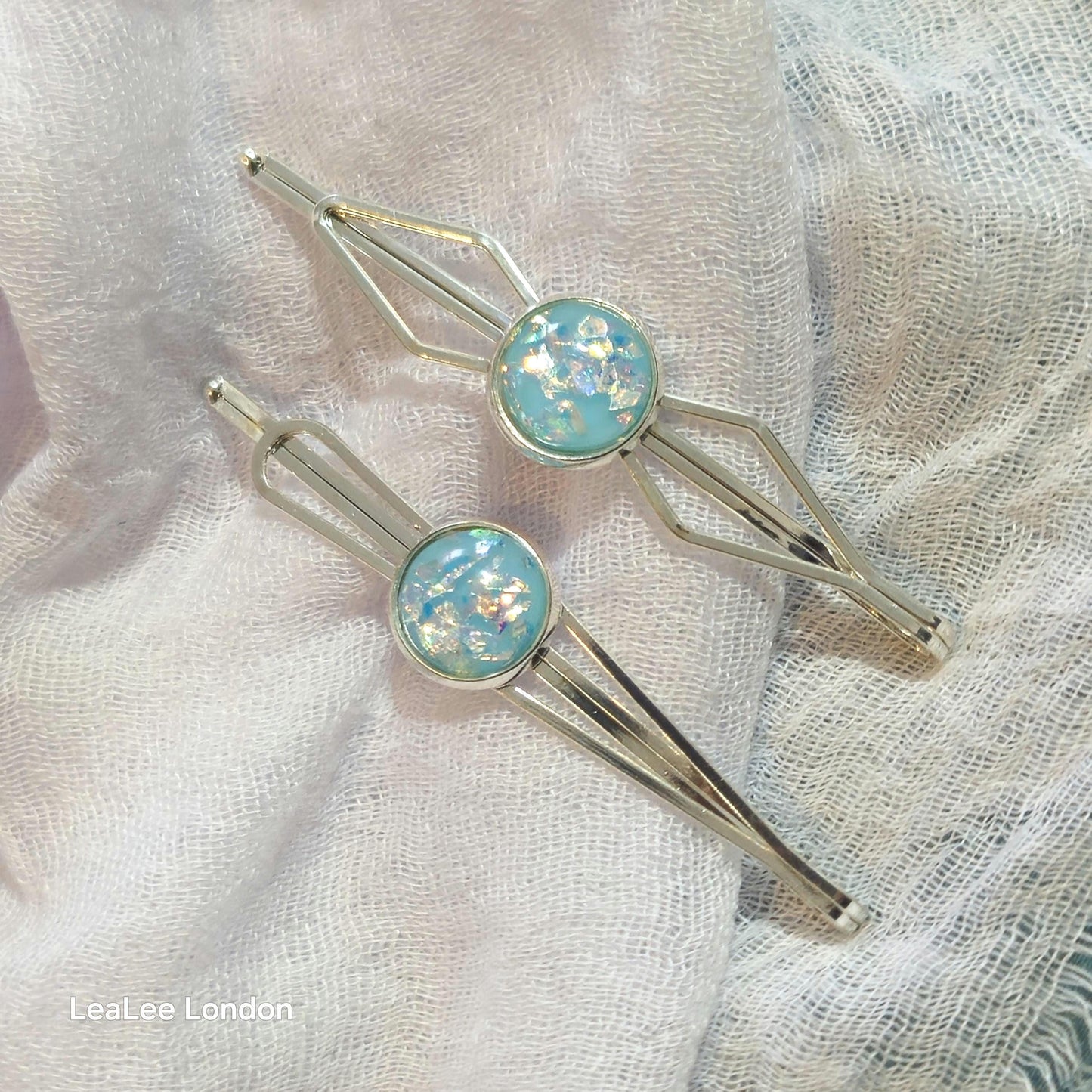 Black Bobby Pin Set of 2, Handmade Iridescent Cabochon Hair Accessory, Minimal Hair Accessory