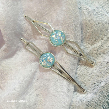 Black Bobby Pin Set of 2, Handmade Iridescent Cabochon Hair Accessory, Minimal Hair Accessory