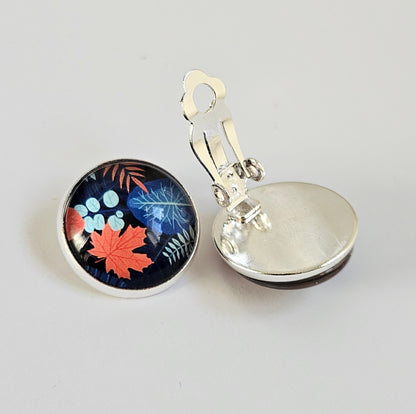 Blue Floral Clip On Earrings: Silver Tone, Non Piercing Stud Clip-ons, Hinged back fastening earrings