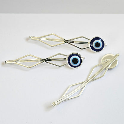 Evil eye decorative Bobby Pins: Silver Hair Slide Clips, Set of 3 for women.