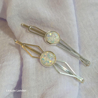 Black Bobby Pin Set of 2, Handmade Iridescent Cabochon Hair Accessory, Minimal Hair Accessory
