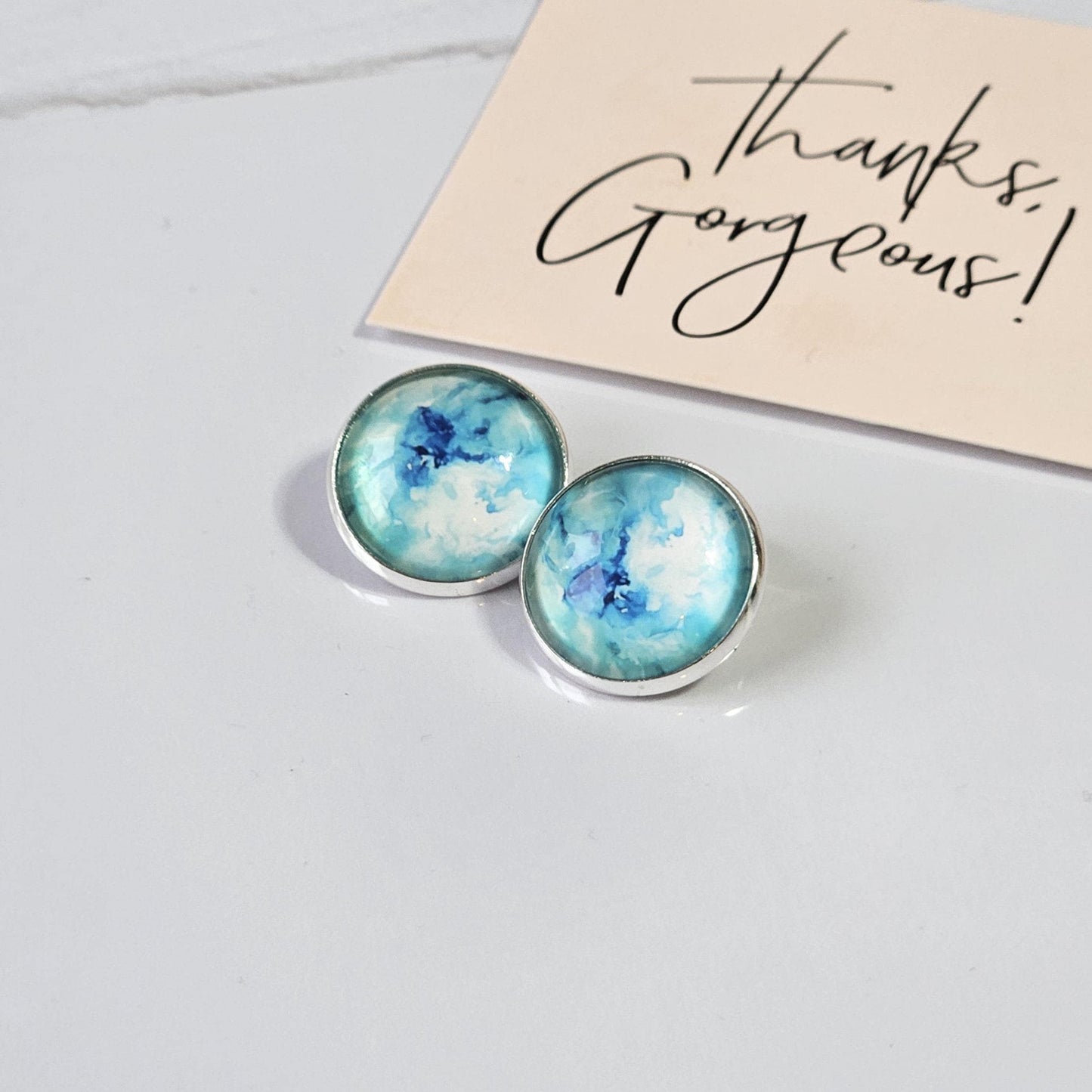 Blue Watercolour Clip-On Earrings – 16mm Cabochon | Non-Pierced | Hypoallergenic