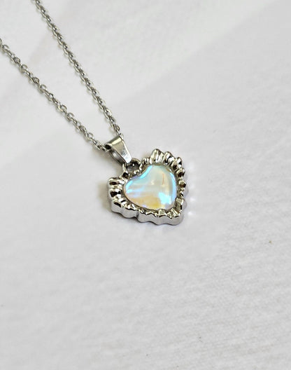 Y2K Silver Heart Necklace | Pink Crystal Pendant | Stainless Steel