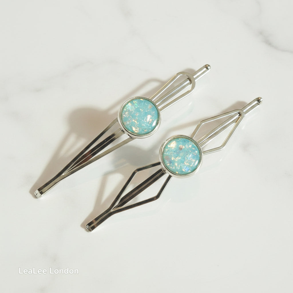 Black Bobby Pin Set of 2, Handmade Iridescent Cabochon Hair Accessory, Minimal Hair Accessory