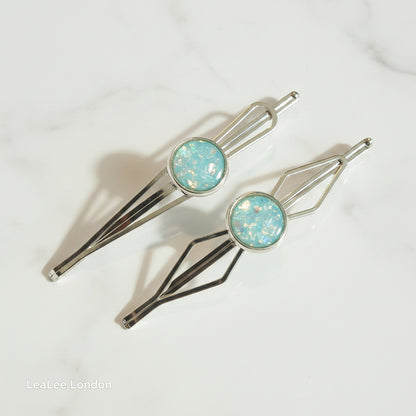 Black Bobby Pin Set of 2, Handmade Iridescent Cabochon Hair Accessory, Minimal Hair Accessory