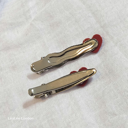 Red Polka Dot Heart Hair Clips: Silver Snap Clip Set