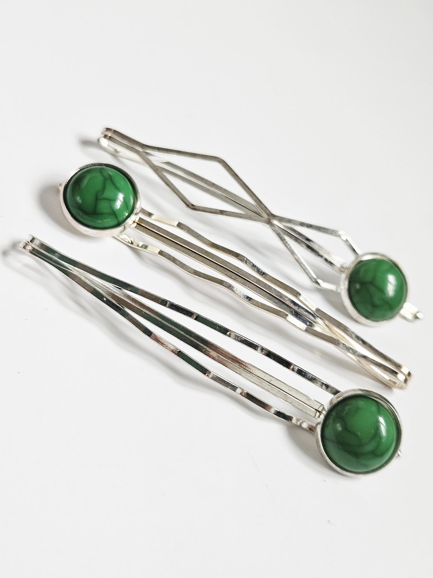 Dark Green Cabochon Bobby Pins: Silver Hair Slides, Women's Hair Accessories