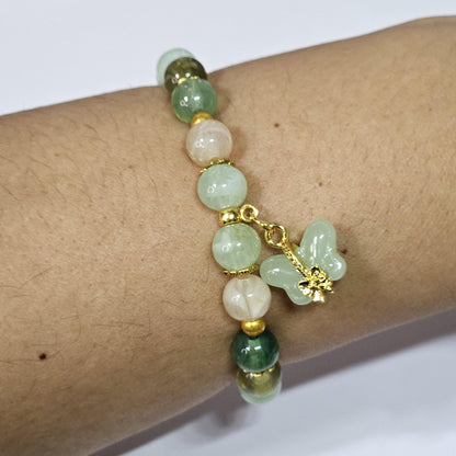 Jade small beaded elastic bracelet with butterfly charm, Boho green imitation natural stone streach bracelet with gold details for women.