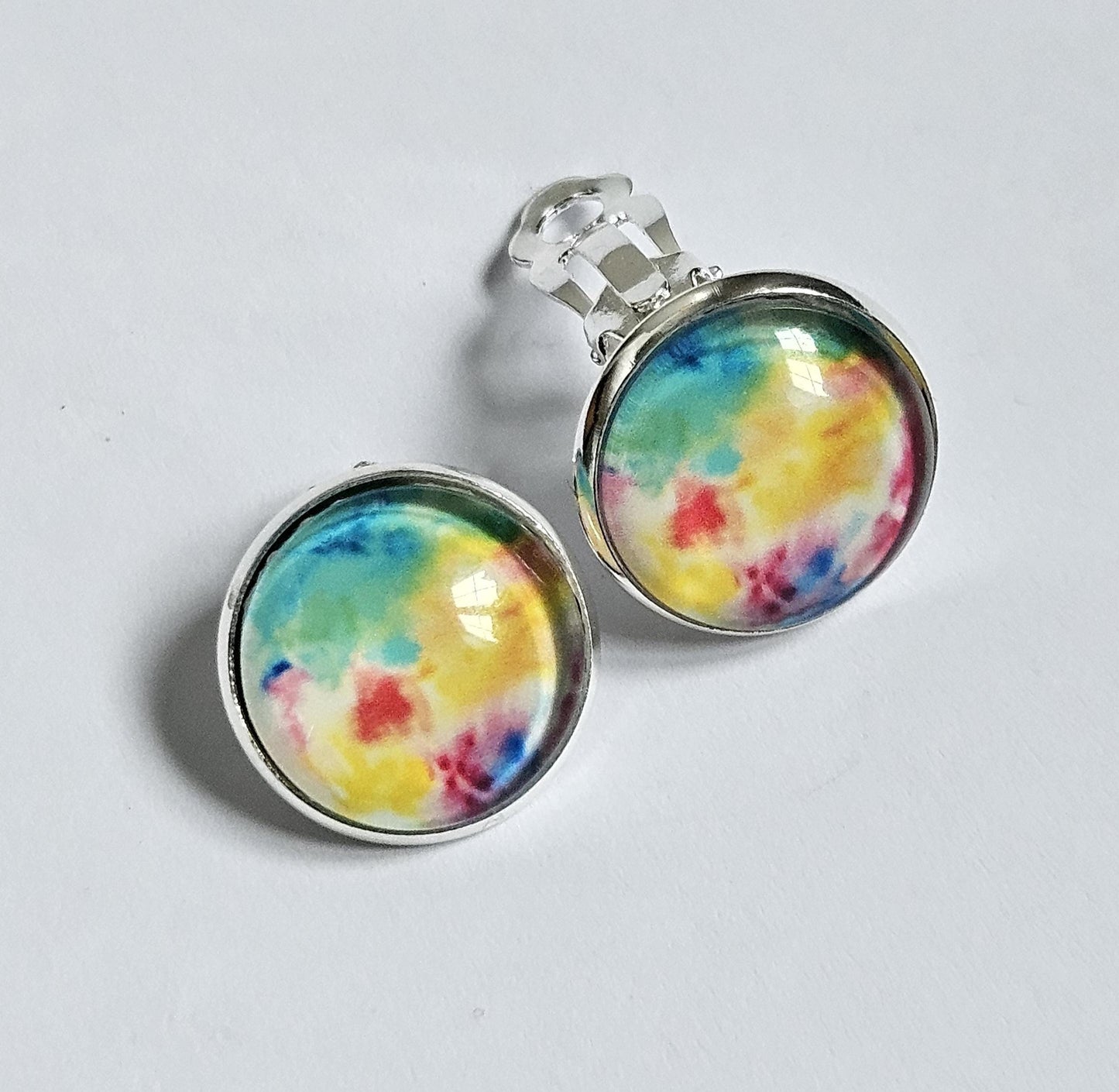 Colourful Clip On Earrings, Non Pierced Ears, Handmade Round Stud Clip-ons, Lightweight Statement Jewellery