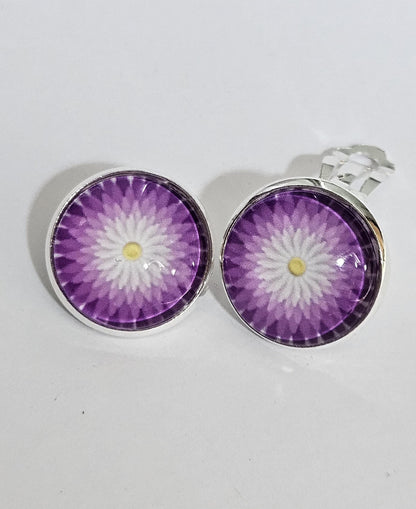 Purple Flower Clip-on Earrings: Silver Tone Copper Base