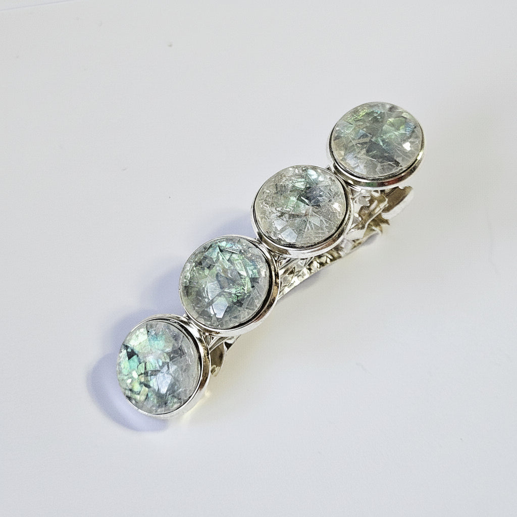 Iridescent Grey Marble Resin French Barrette: Silver Hair Clip
