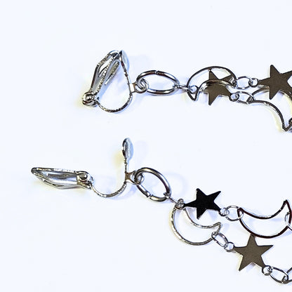 Celestial Clip On Earrings, Moon and Star Dangle, No Pierce