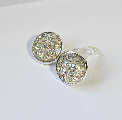Sparkly Clip-On Earrings | Handmade Silver Cabochon | Non-Pierced | Available in 6 Colours