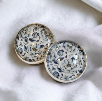 Blue Floral Clip-On Earrings – 16mm Cabochon | Non-Pierced | Hypoallergenic
