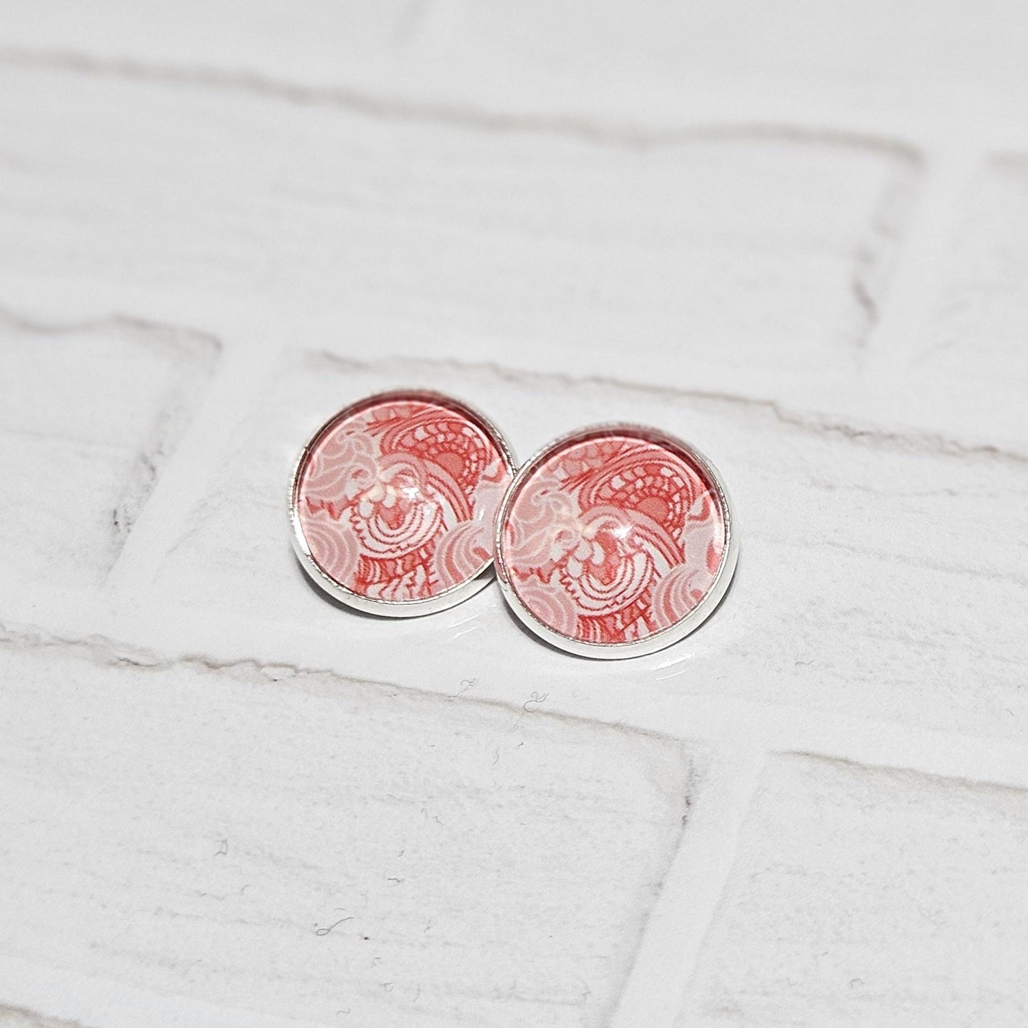 Red Cabochon Clip-On Earrings | Silver Tone Huggie Style | Non-Pierced
