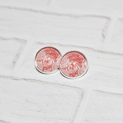 Red Cabochon Clip-On Earrings | Silver Tone Huggie Style | Non-Pierced