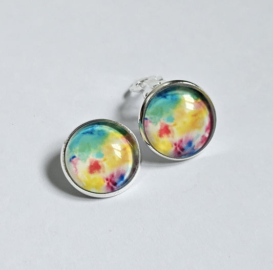 Colourful Clip On Earrings, Non Pierced Ears, Handmade Round Stud Clip-ons, Lightweight Statement Jewellery