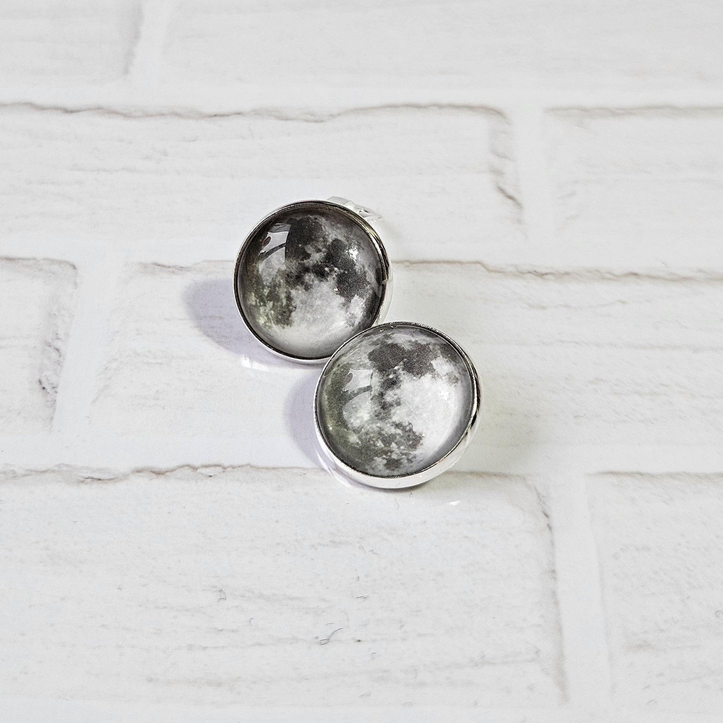 Realistic Full Moon Clip On Earrings, Silver Hinged Back Studs, Comfortable Firm Fit No Pierce Jewelry, Celestial Lunar Gift for Space Lover