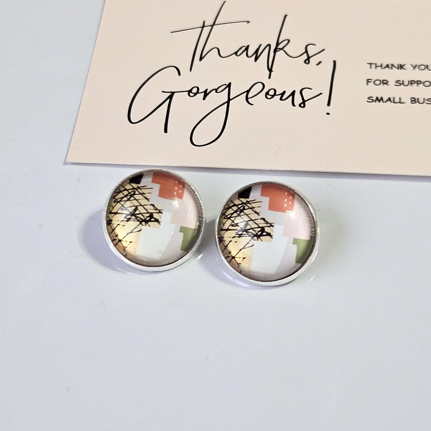 Neutral Abstract Clip-On Earrings – Green, Beige & Terracotta | Non-Pierced