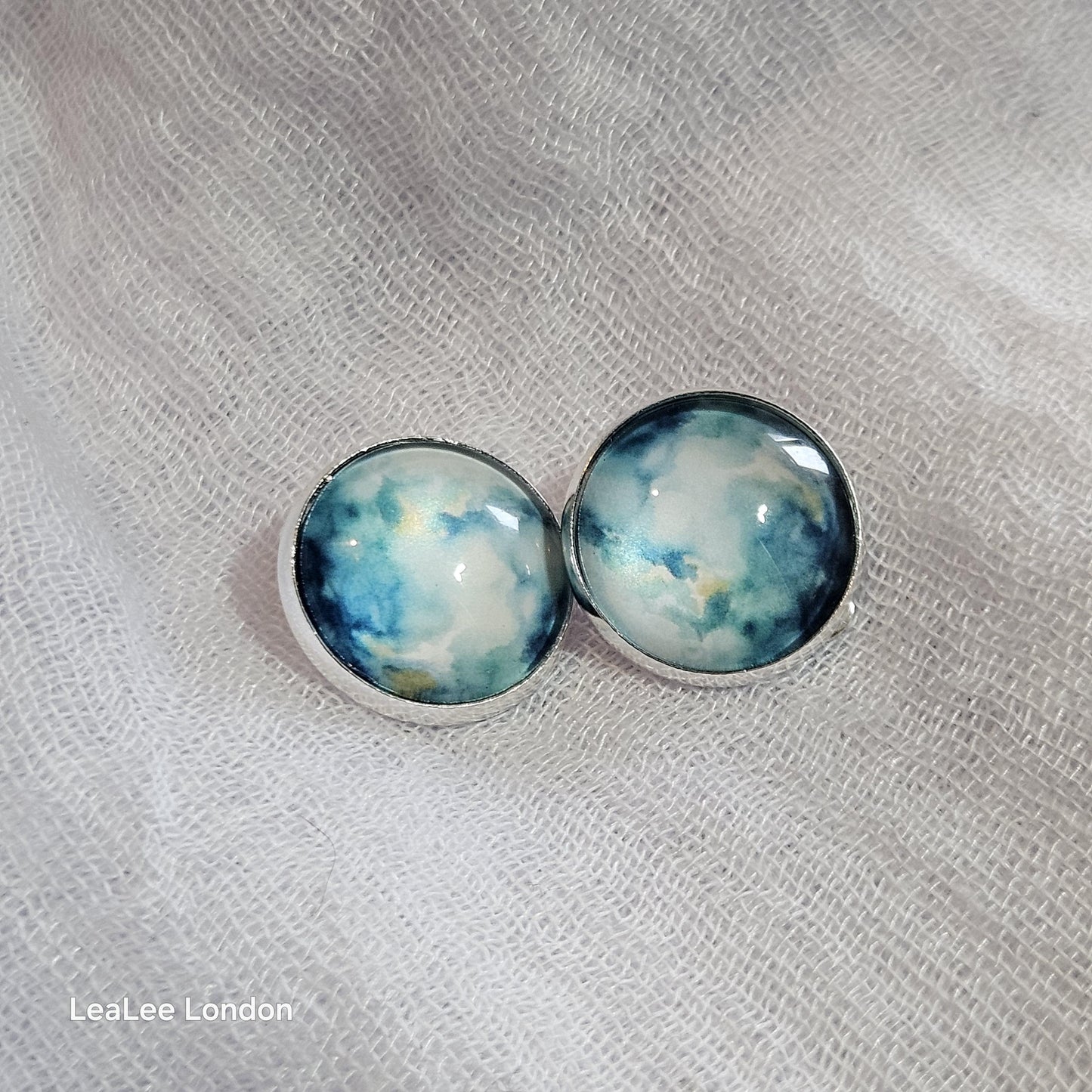 Blue Watercolor Clip On Earrings: Silver Tone, Non Pierced