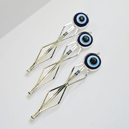 Evil eye decorative Bobby Pins: Silver Hair Slide Clips, Set of 3 for women.