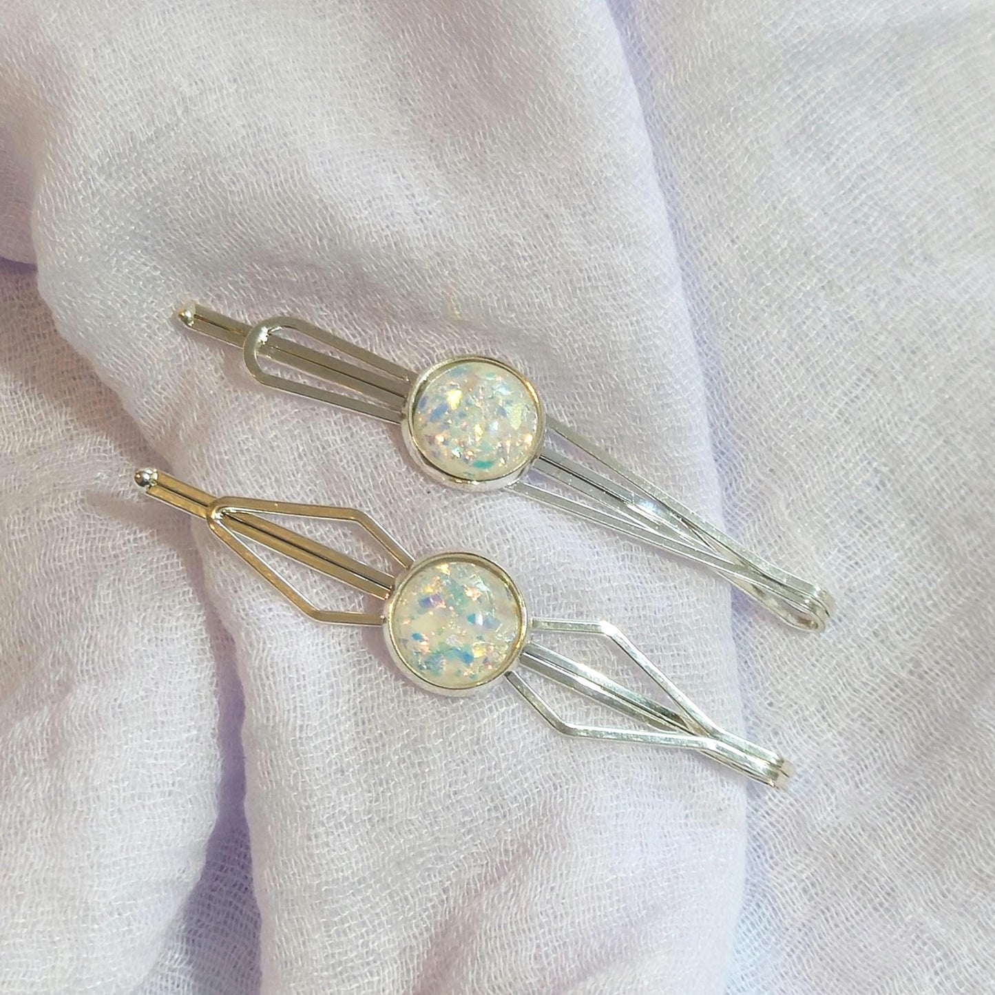Black Bobby Pin Set of 2, Handmade Iridescent Cabochon Hair Accessory, Minimal Hair Accessory