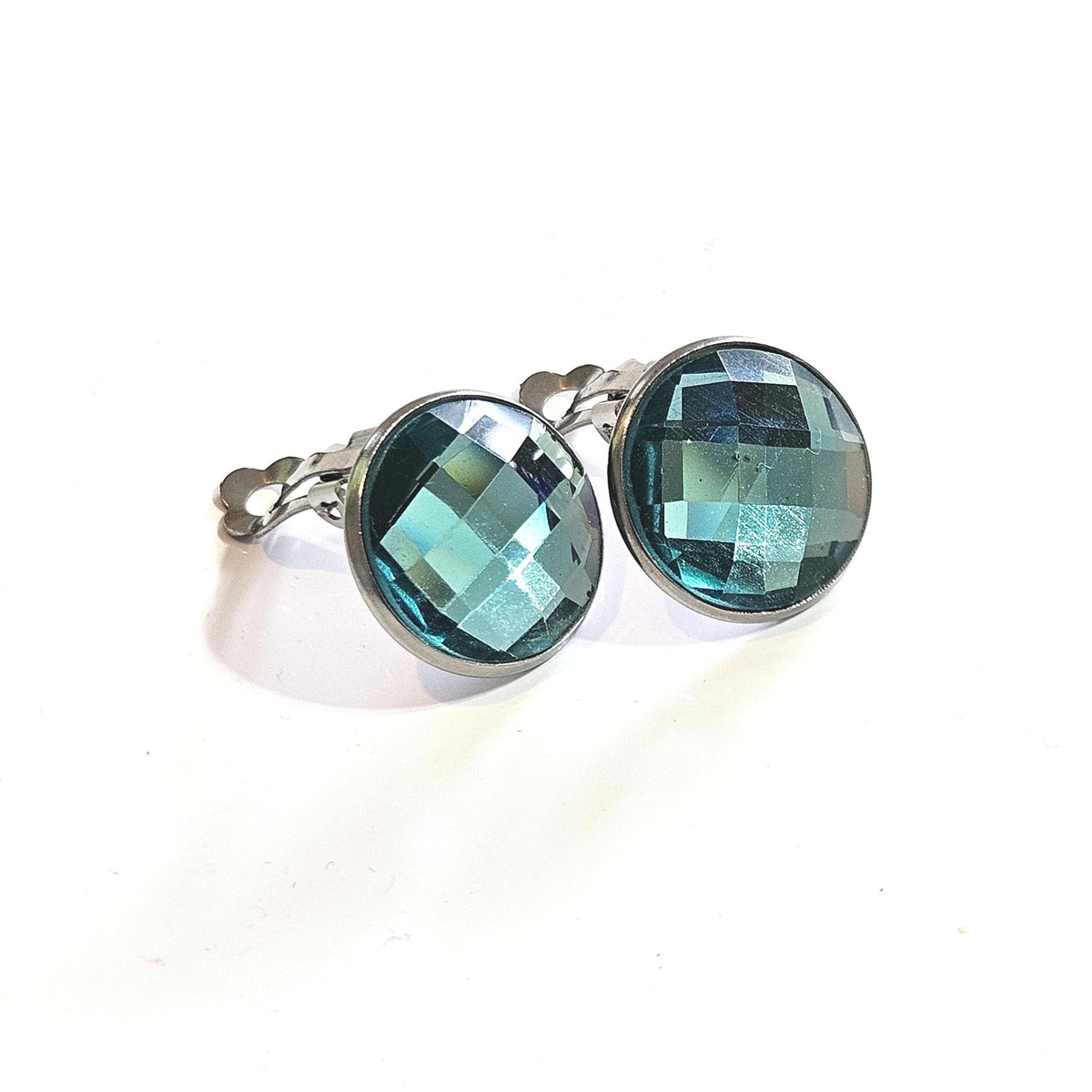 Sapphire Blue Glass Clip-On Earrings in Dark Silver Tone