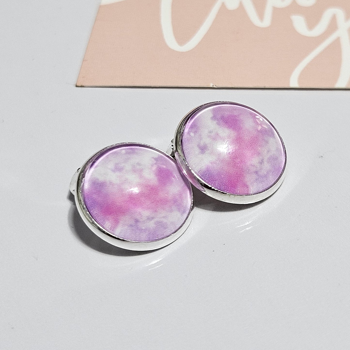 Purple & Pink Watercolour Clip-On Earrings | Silver Tone | No Piercing Needed