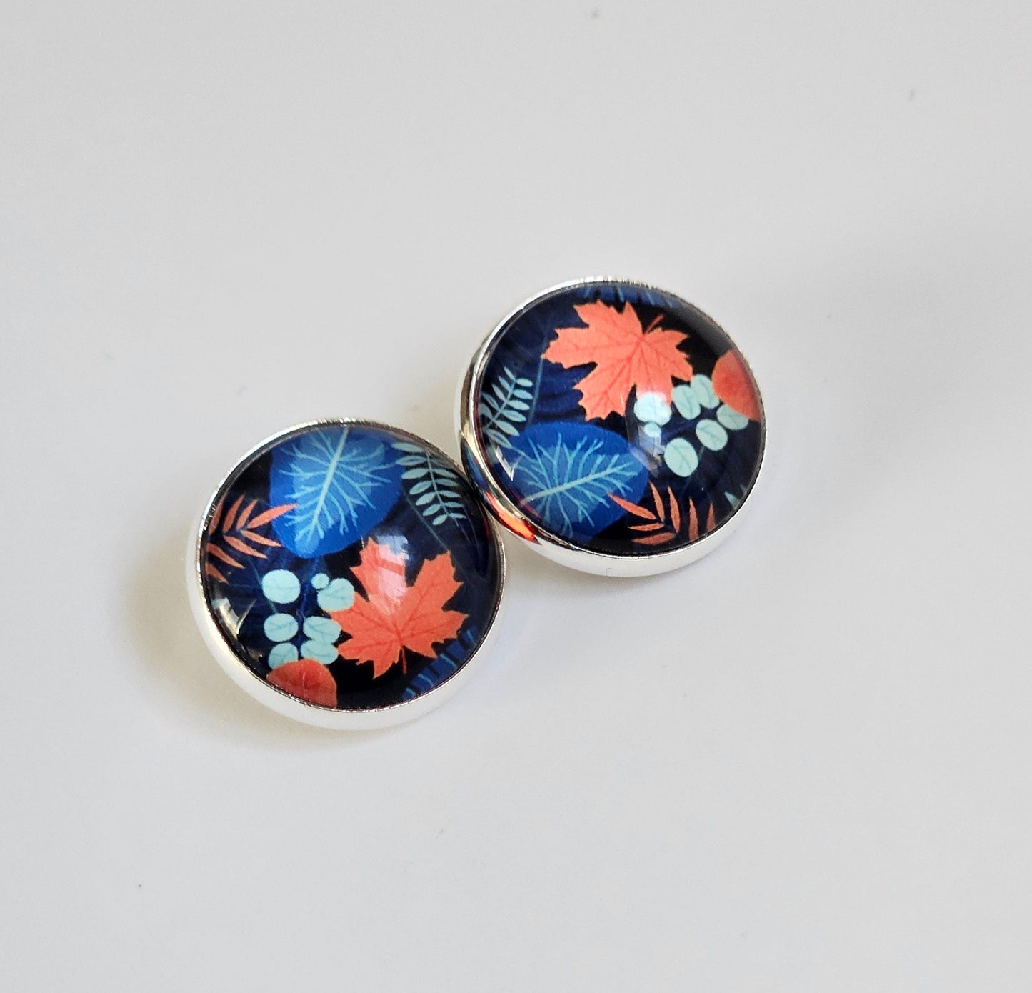 Blue Floral Clip On Earrings: Silver Tone, Non Piercing Stud Clip-ons, Hinged back fastening earrings
