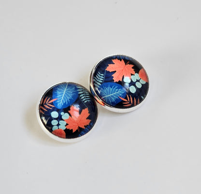 Blue Floral Clip On Earrings: Silver Tone, Non Piercing Stud Clip-ons, Hinged back fastening earrings