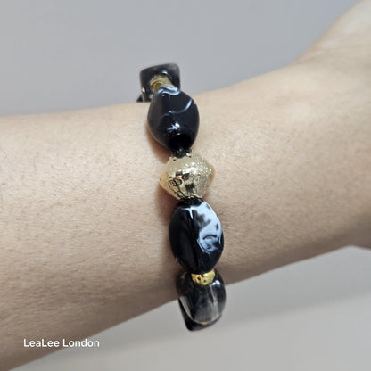 Elastic Black and Gold Bracelet, Stacking Large Acrylic Jewellery