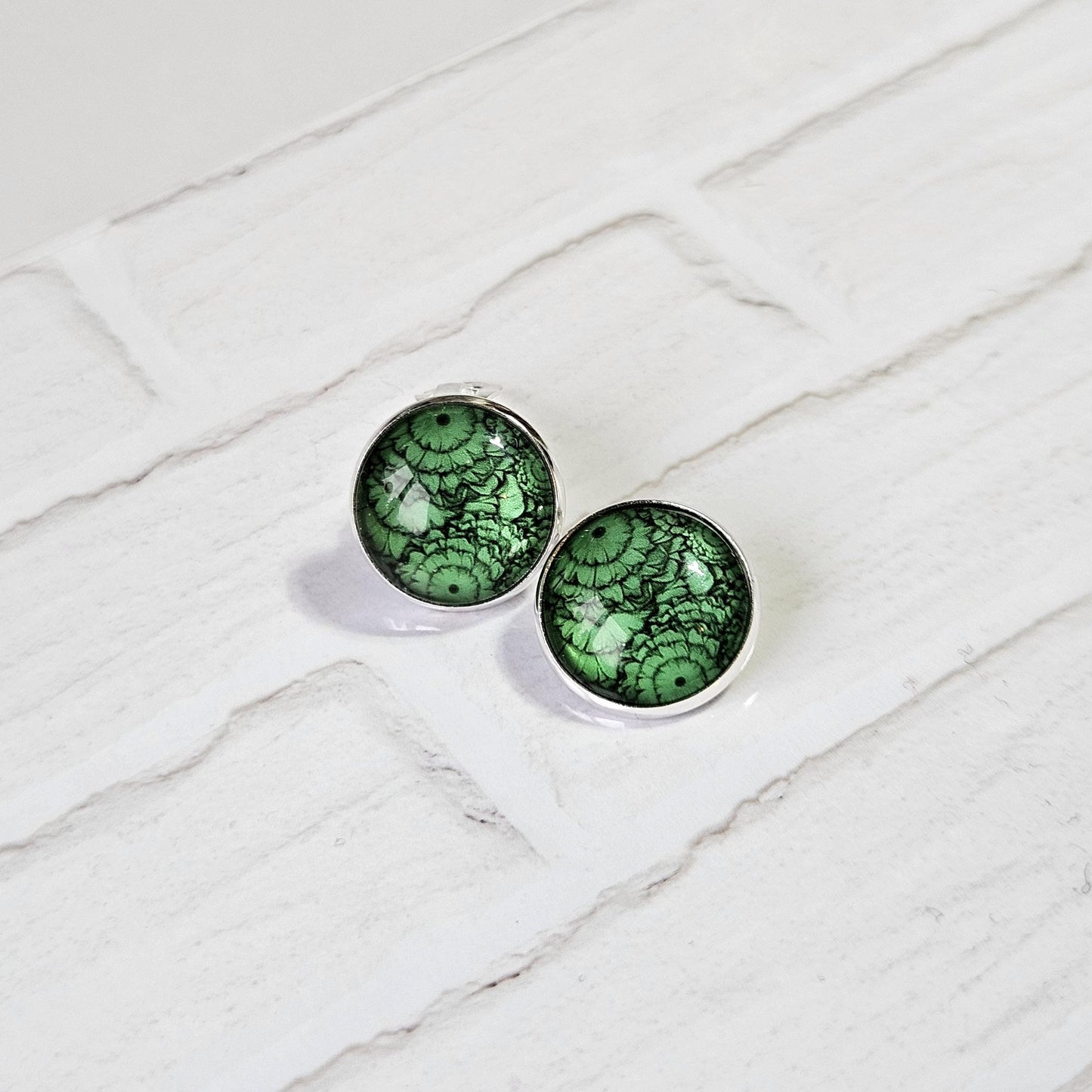 Green Flower Silver Clip On Earrings, Non Pierced Earrings, Handmade Cabochon Earrings, Statement Jewellery UK