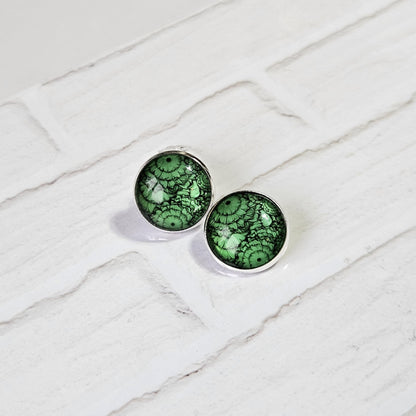 Green Flower Silver Clip On Earrings, Non Pierced Earrings, Handmade Cabochon Earrings, Statement Jewellery UK