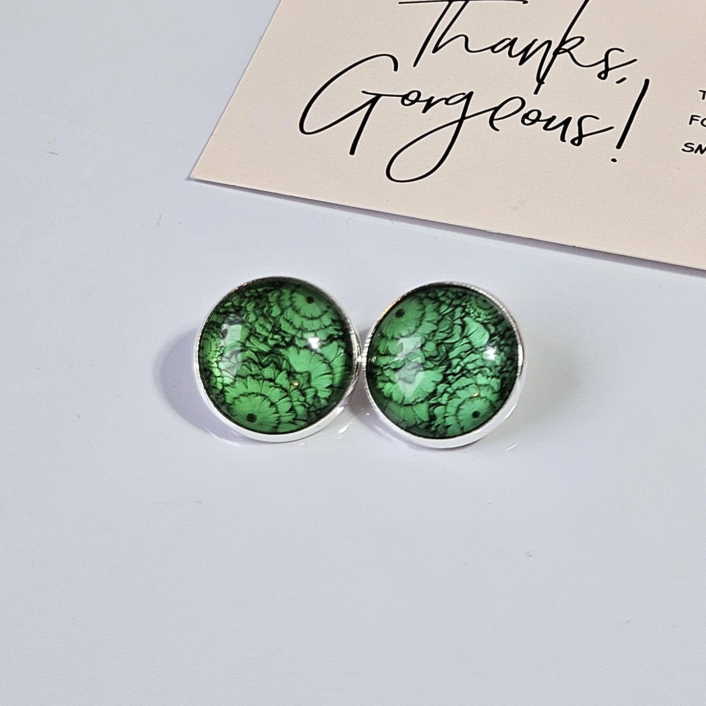 Green Flower Silver Clip On Earrings, Non Pierced Earrings, Handmade Cabochon Earrings, Statement Jewellery UK