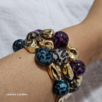 Handmade Cheetah Print Bracelet for Women – Chunky Elastic Beaded Bracelet with Gold Detail, UK Jewellery Gift