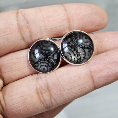 Black Flower Clip On Earrings, Silver Tone Cabochon, Non Pierced