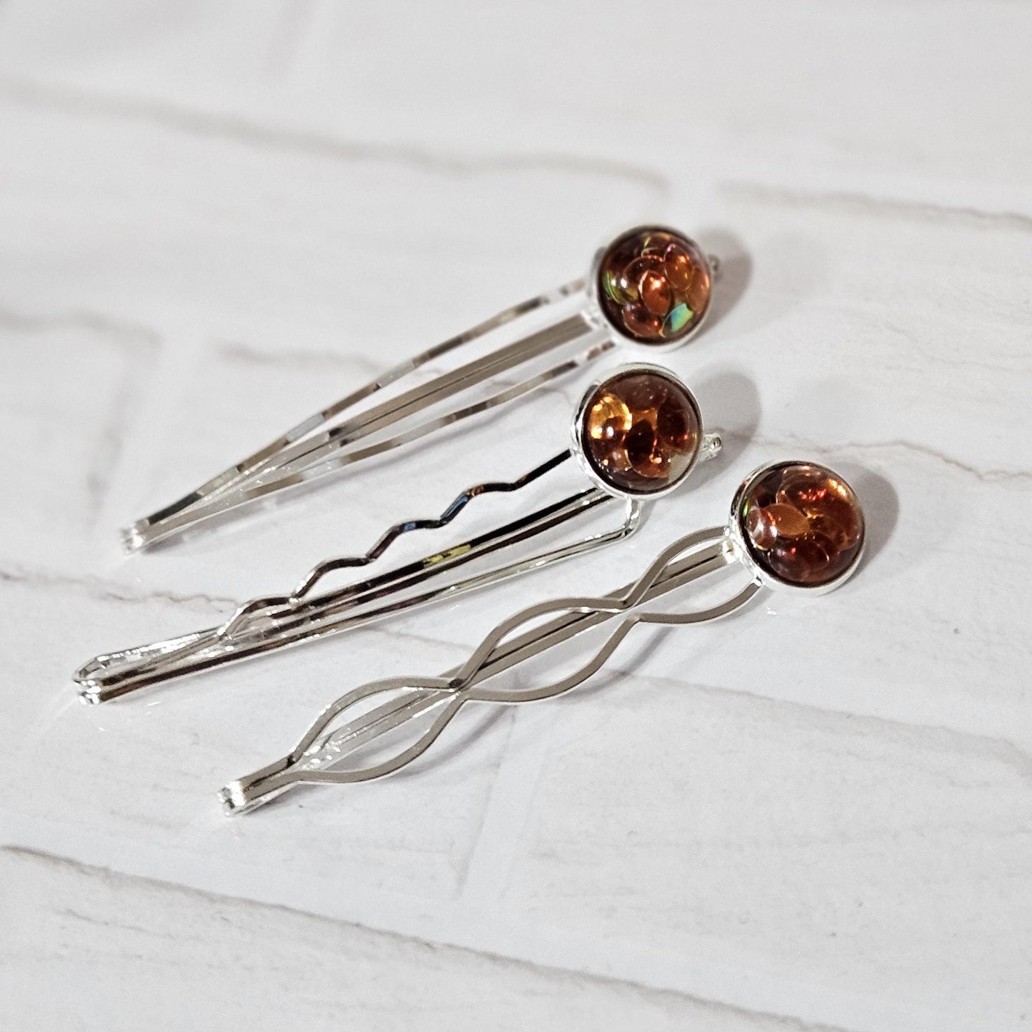 Silver Bobby Pin Set of 3, iridescent Cabochon Hair Pins, Minimal Hair Accessories