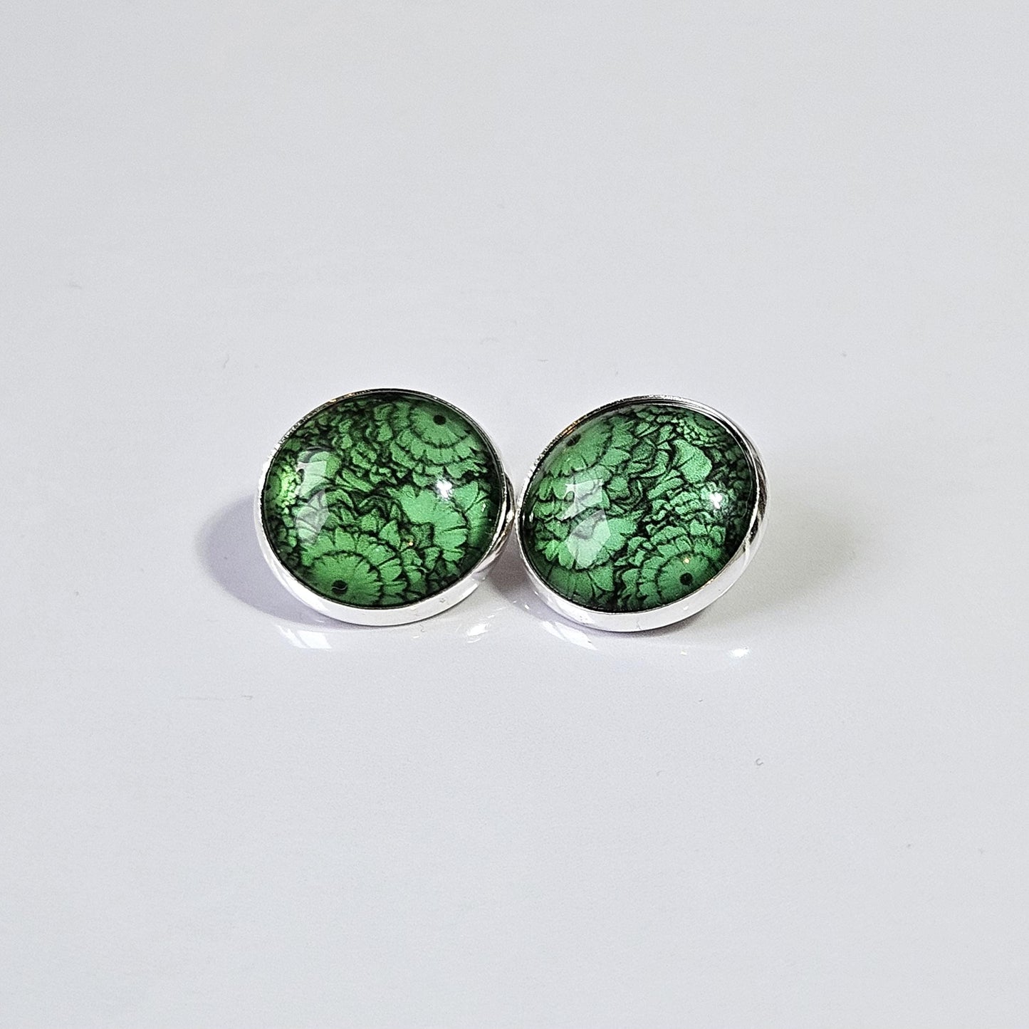 Green Flower Silver Clip On Earrings, Non Pierced Earrings, Handmade Cabochon Earrings, Statement Jewellery UK