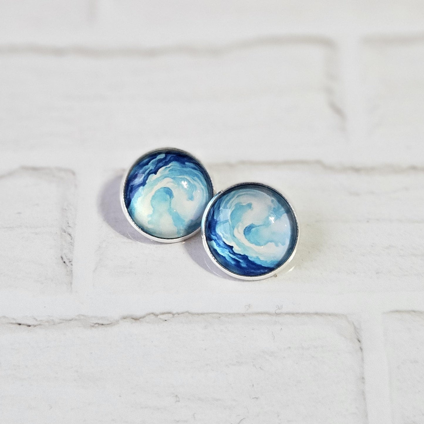 Blue Watercolour Clip On Earrings, Non Piercing Hinged Back Earrings, Handmade Cabochon Stud Earring, Lightweight Statement  Jewellery
