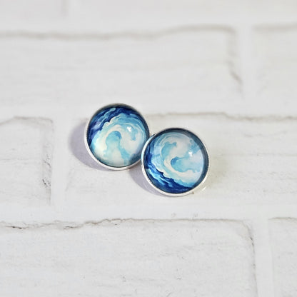 Blue Watercolour Clip On Earrings, Non Piercing Hinged Back Earrings, Handmade Cabochon Stud Earring, Lightweight Statement  Jewellery