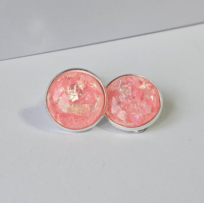 Iridescent Cabochon Clip-On Earrings in Silver Tone