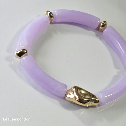 Elastic beaded bangle Bracelet, 2 set Gold detail Bracelet for women, Purple pink and gold bracelet set