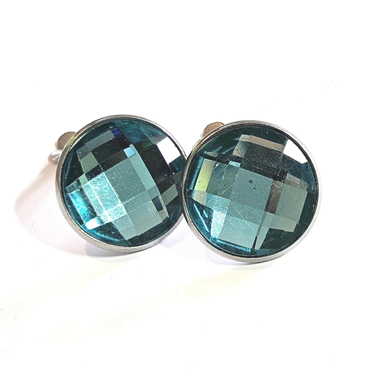 Sapphire Blue Glass Clip-On Earrings in Dark Silver Tone