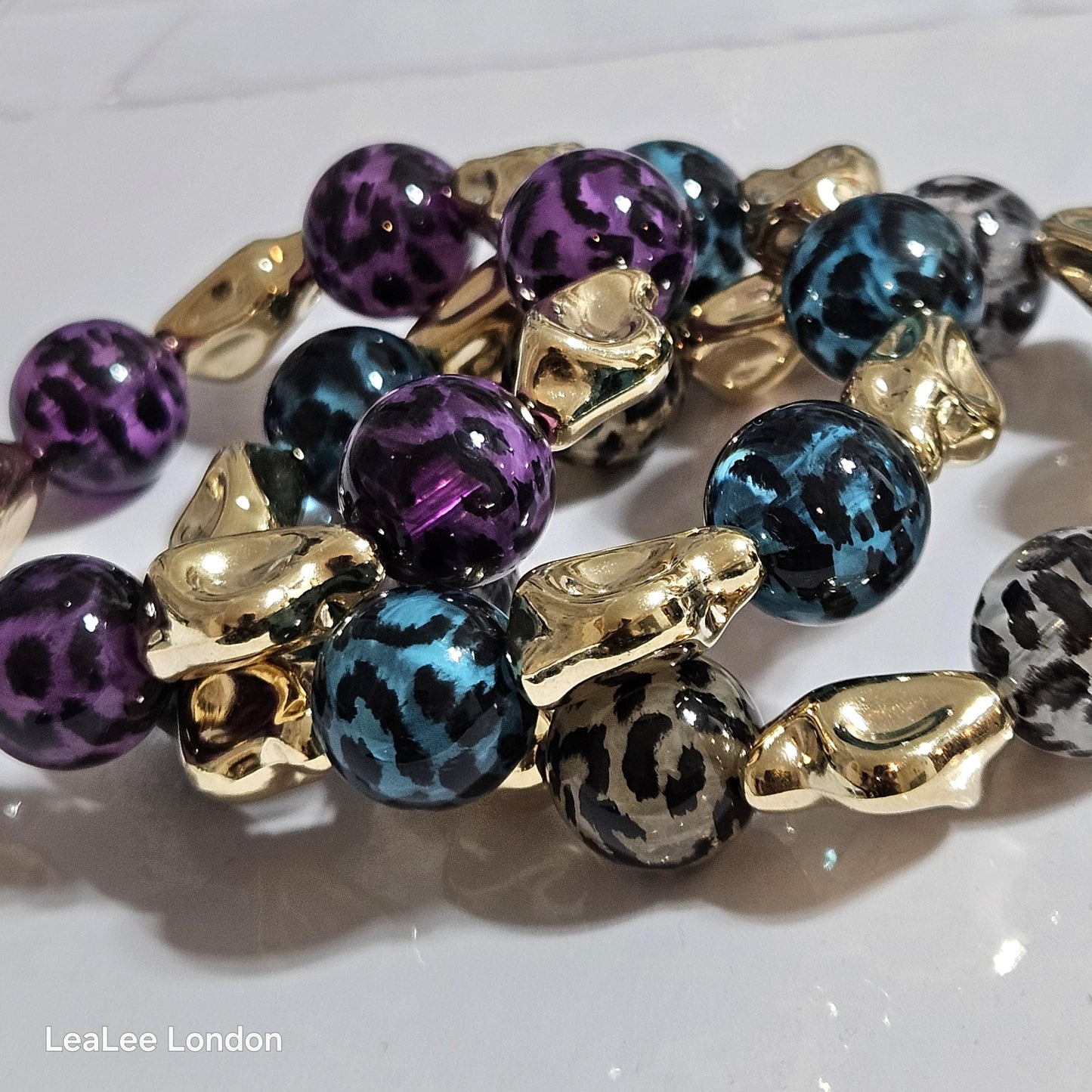 Handmade Cheetah Print Bracelet for Women – Chunky Elastic Beaded Bracelet with Gold Detail, UK Jewellery Gift
