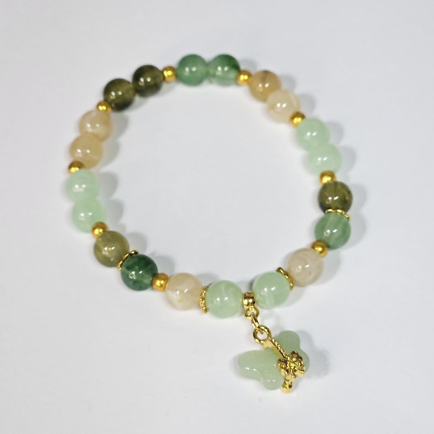 Jade small beaded elastic bracelet with butterfly charm, Boho green imitation natural stone streach bracelet with gold details for women.
