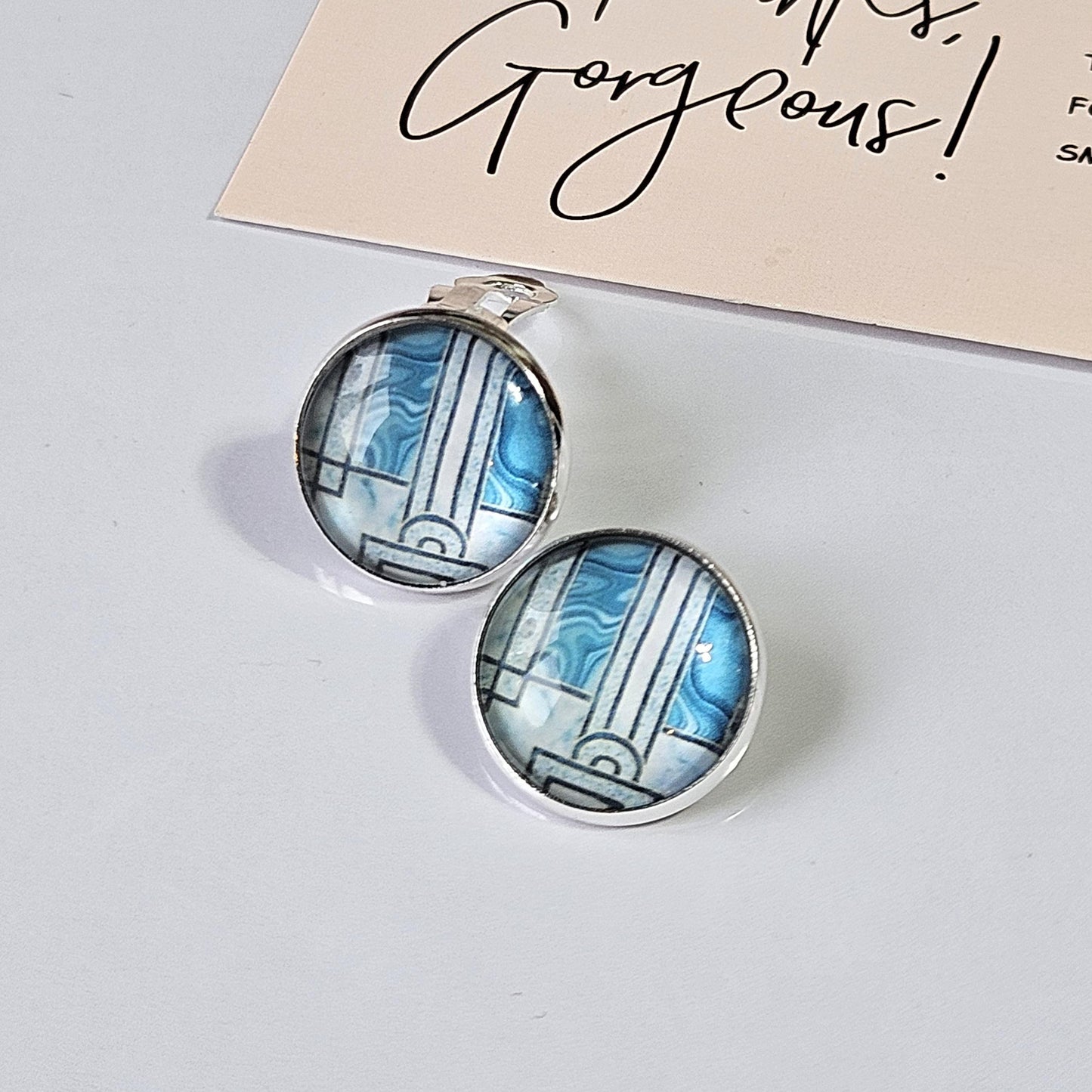 Blue Art Deco Clip-On Earrings | Handmade 16mm Cabochon | Non-Pierced Statement Earrings | Silver Tone
