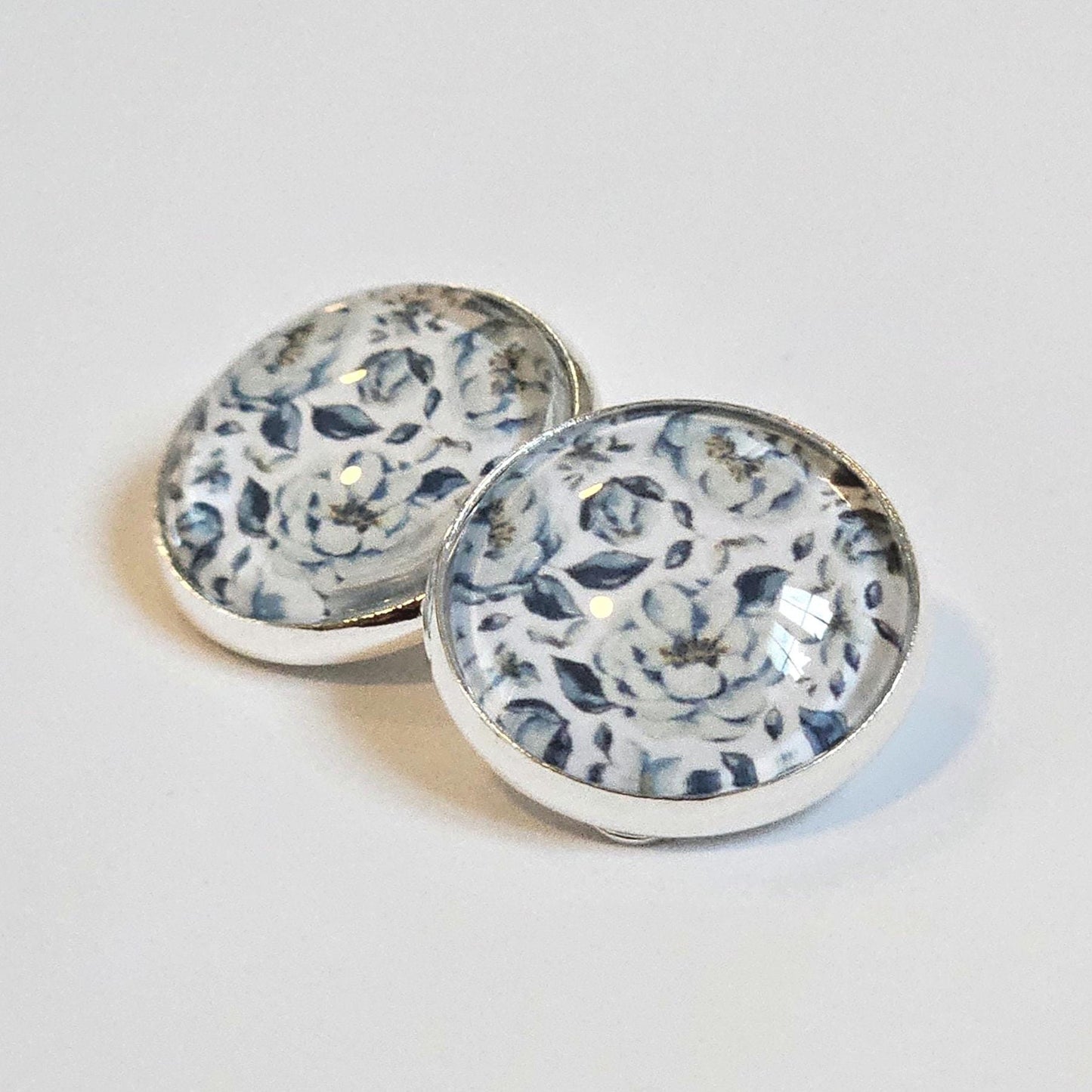 Blue Floral Clip-On Earrings – 16mm Cabochon | Non-Pierced | Hypoallergenic