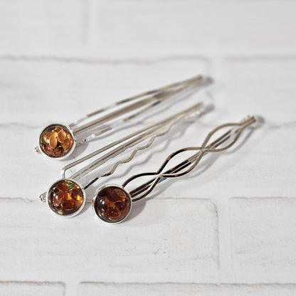 Silver Bobby Pin Set of 3, iridescent Cabochon Hair Pins, Minimal Hair Accessories
