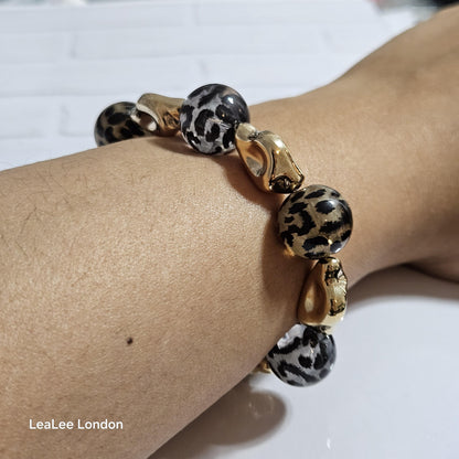 Handmade Cheetah Print Bracelet for Women – Chunky Elastic Beaded Bracelet with Gold Detail, UK Jewellery Gift