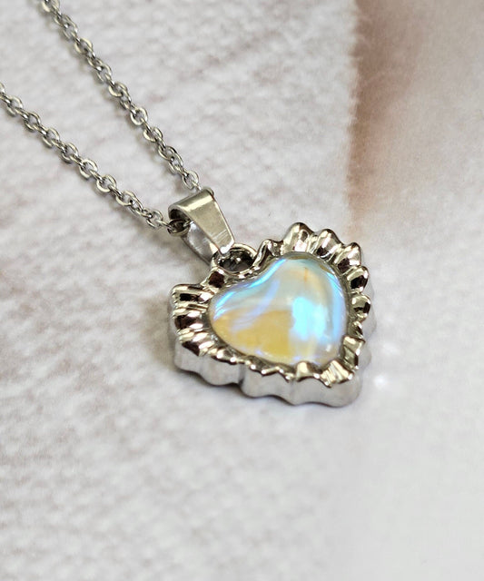 Y2K Silver Heart Necklace | Pink Crystal Pendant | Stainless Steel